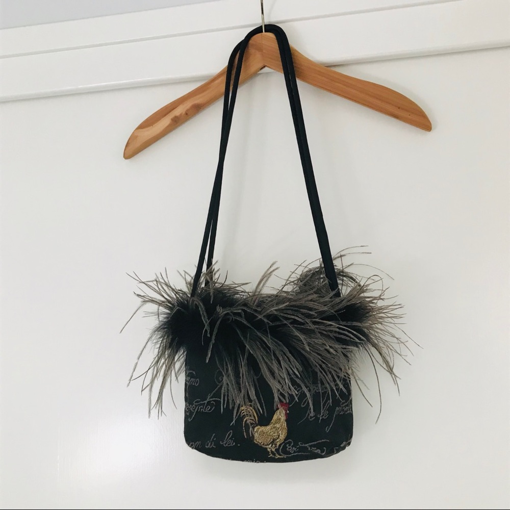 Handmade Reversible Feather Handbag Black Rooster Red Ladybug Evening Bag